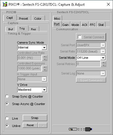 (XCAP Control Panel for the Sentech FS-C2KU7DCL(8 Bit Mode))