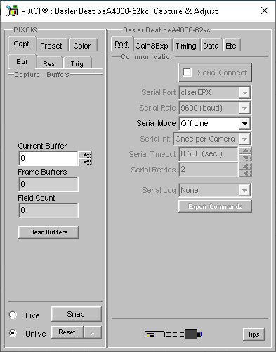 (XCAP Control Panel for the Basler Beat beA4000-62kc(8 Bit Mode))