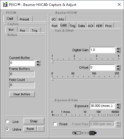 (XCAP Control Panel for the Baumer HXC40(8 Bit Mode))