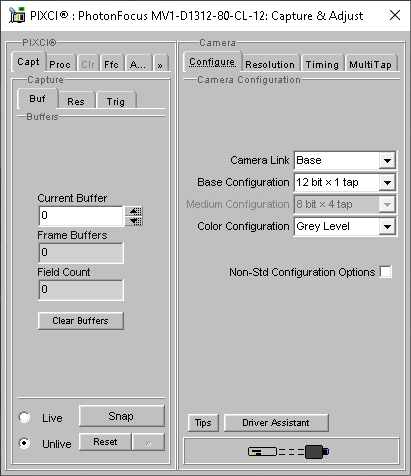(XCAP Control Panel for the PhotonFocus MV1-D1312-80-CL-12)