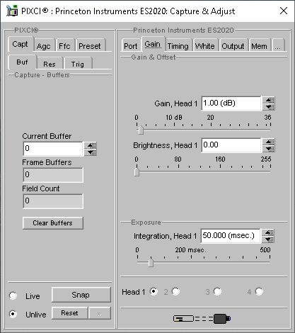 (XCAP Control Panel for the Princeton Instruments ES2020)