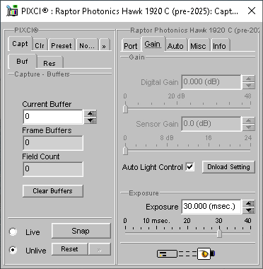(XCAP Control Panel for the Raptor Photonics Hawk 1920 C (pre-2025))