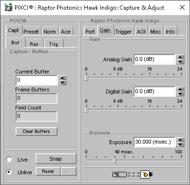 (XCAP Control Panel for the Raptor Photonics Hawk Indigo)