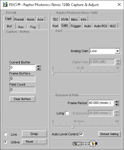 (XCAP Control Panel for the Raptor Photonics Ninox 1280)