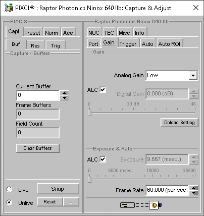 (XCAP Control Panel for the Raptor Photonics Ninox 640 IIb)