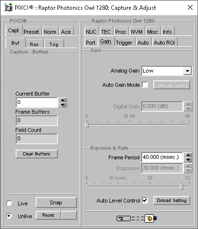 (XCAP Control Panel for the Raptor Photonics Owl 1280)