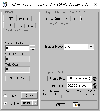 (XCAP Control Panel for the Raptor Photonics Owl 320 HS)