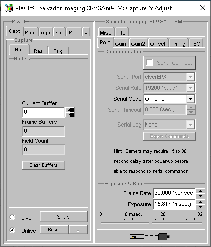 (XCAP Control Panel for the Salvador Imaging SI-VGA60-EM)