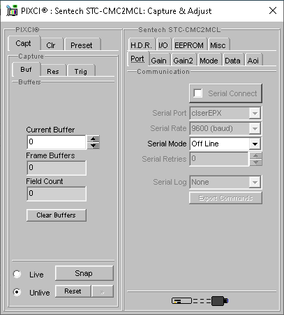 (XCAP Control Panel for the Sentech STC-CMC2MCL(8 Bit Mode))